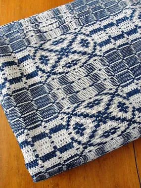 ANTIQUE Woven Coverlet Blue Cream Outstanding Condition French Country Decor,Log Cabin, Farm House Americana Decor Hand Made Ant