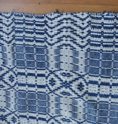 ANTIQUE Woven Coverlet Blue Cream Outstanding Condition French Country Decor,Log Cabin, Farm House Americana Decor Hand Made Ant