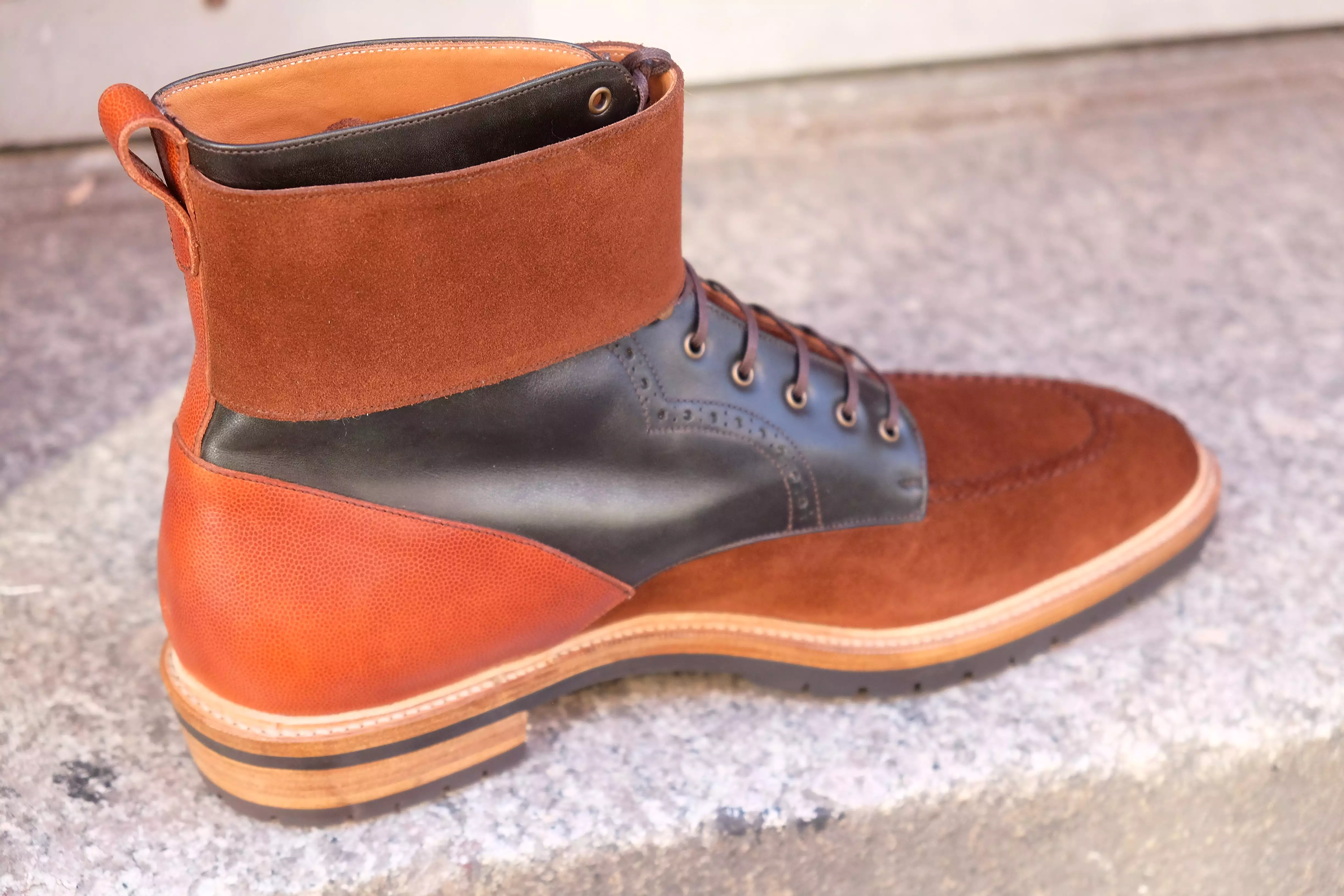 Colville - MTO - Polo Suede / Dark Green Museum Calf / Cognac Pin Grain - TMG Last - Double Commando Sole With Stormwelt