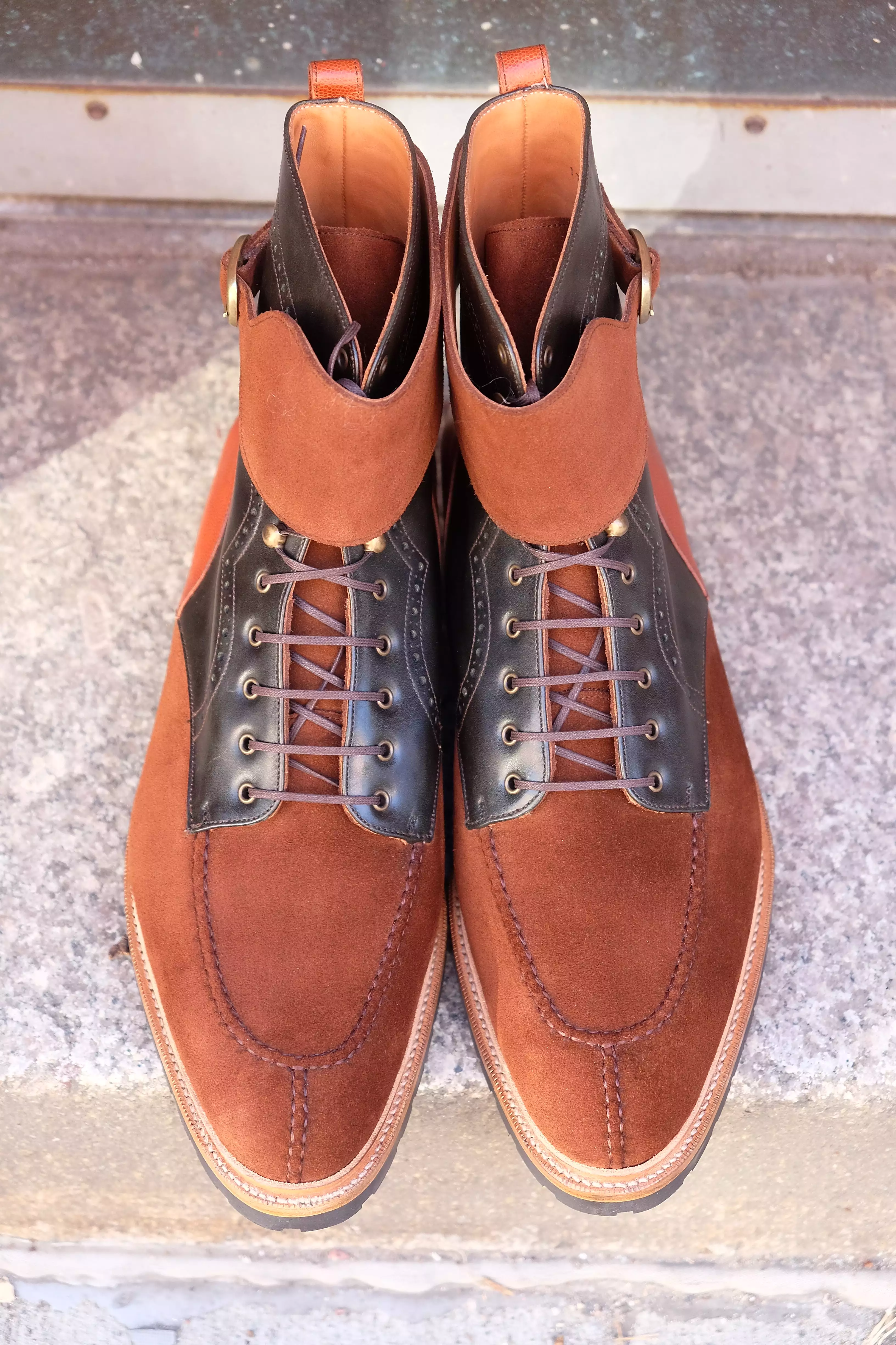 Colville - MTO - Polo Suede / Dark Green Museum Calf / Cognac Pin Grain - TMG Last - Double Commando Sole With Stormwelt