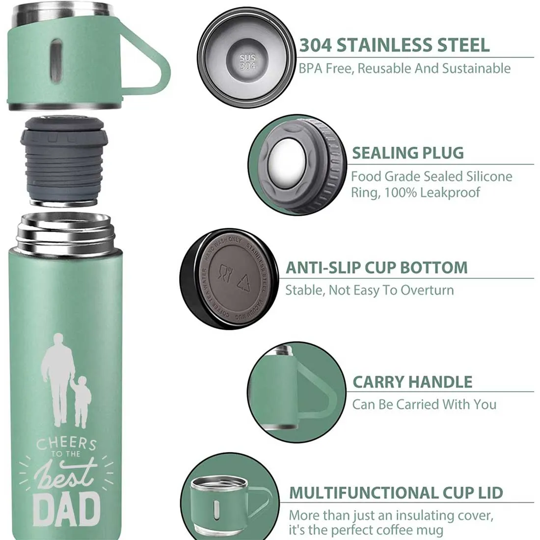 Gifts for Dad Birthday Travel Thermos Flask With 2 Cups Gift Set Box -  Cheers Dad