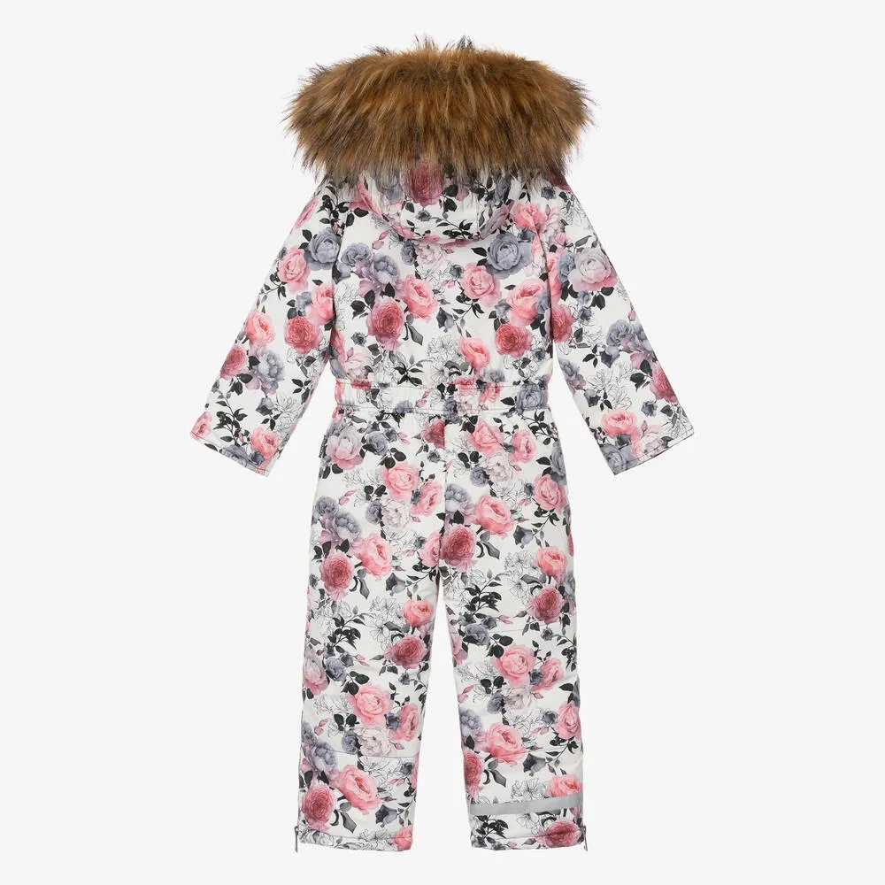 Girls White Floral Snowsuit