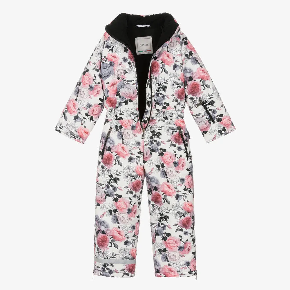 Girls White Floral Snowsuit