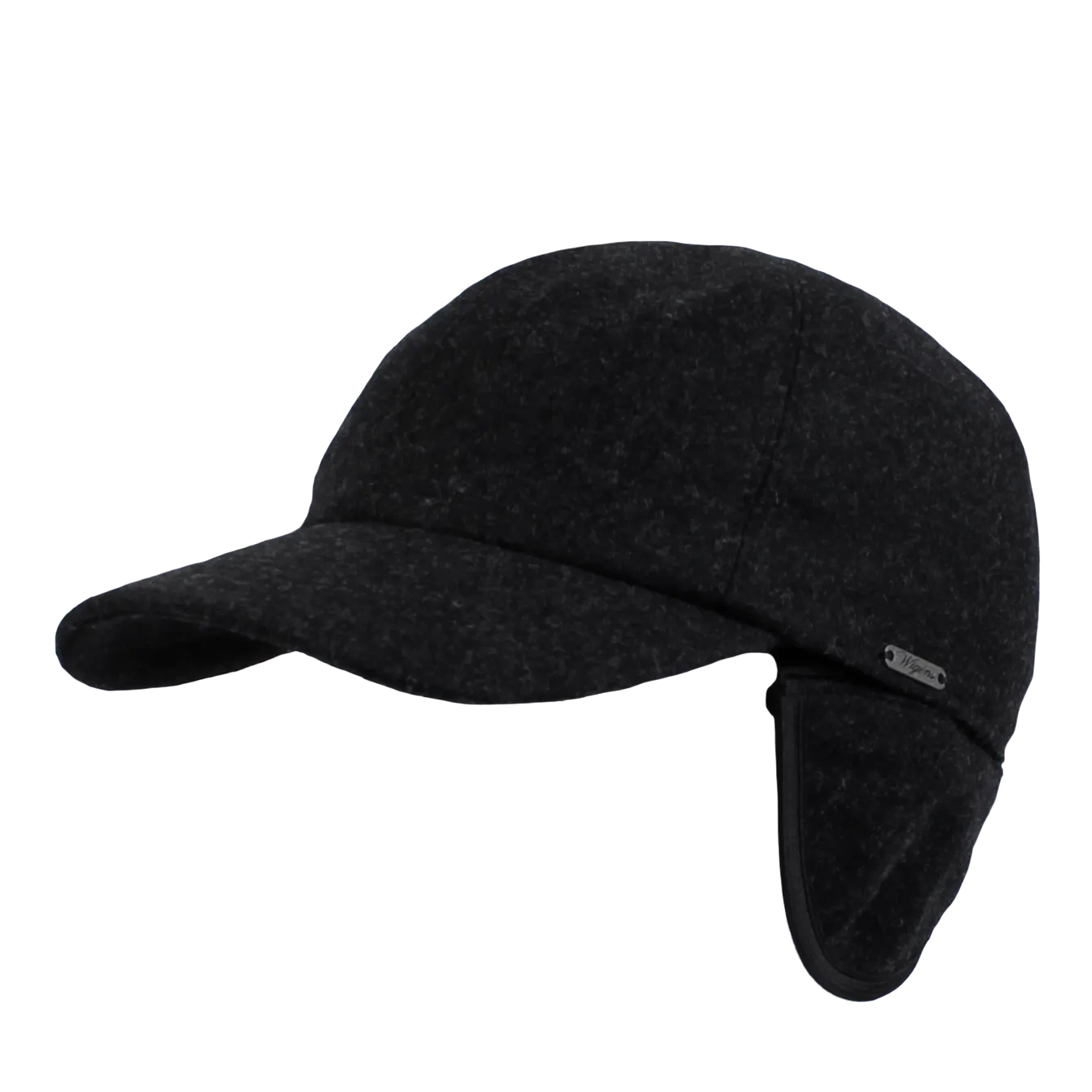 Melton Wool Baseball Classic Cap with Earflaps in Black (Size 62) by Wigens