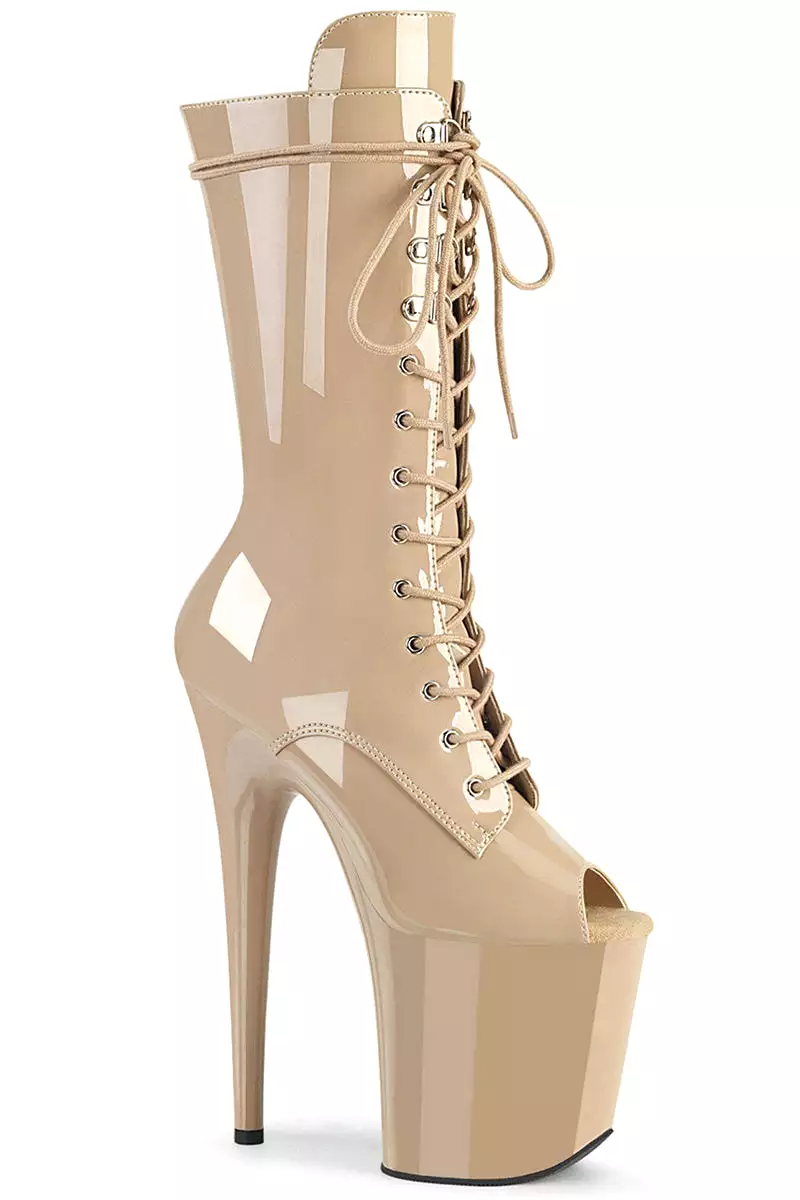 Pleaser USA Flamingo-1051 8inch Peep Toe Pleaser Boots - Patent Beige