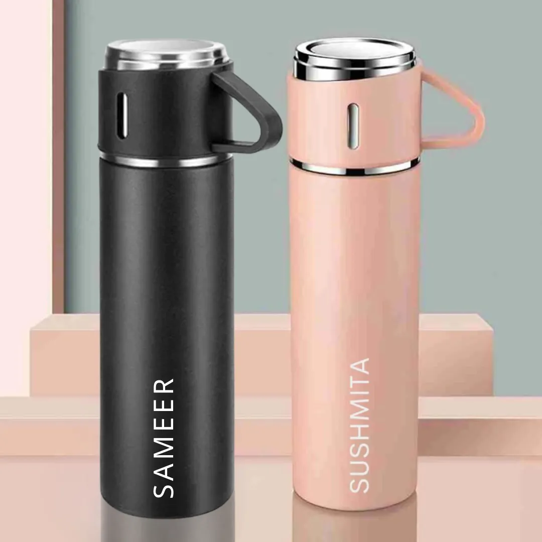 Travel Mug Thermos Flask Set of 2 with Names - Pink&Black