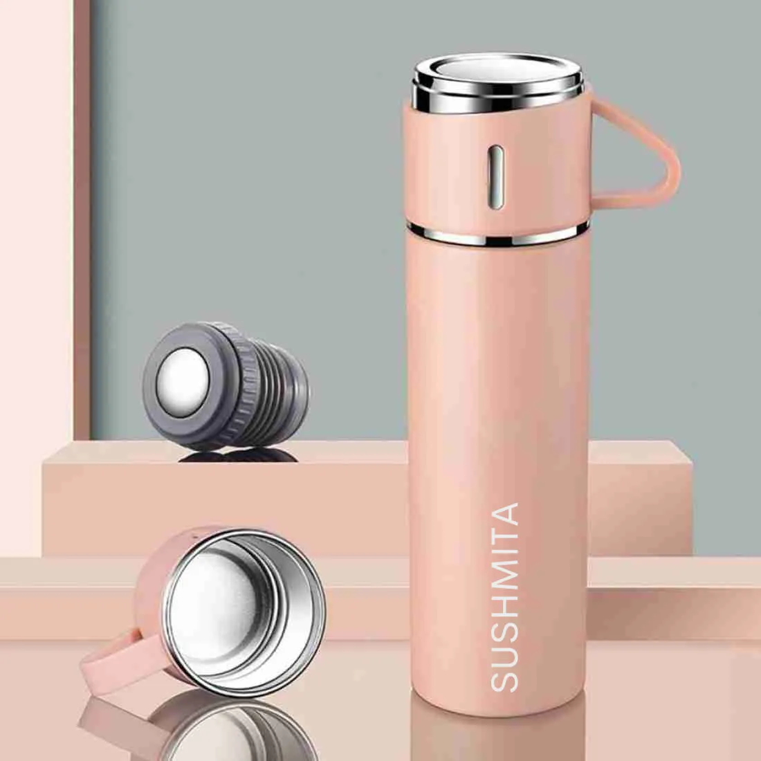 Travel Mug Thermos Flask Set of 2 with Names - Pink&Black