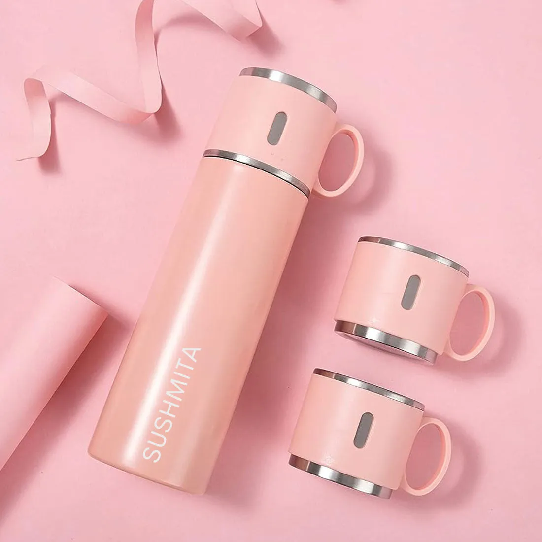 Travel Mug Thermos Flask Set of 2 with Names - Pink&Black